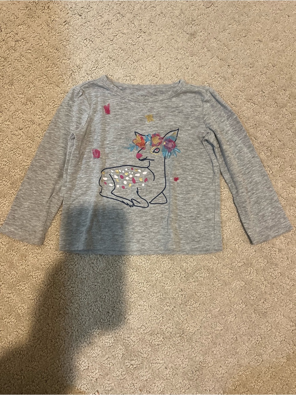 Girls' Gray Long-Sleeve Tee with Floral Deer Graphic